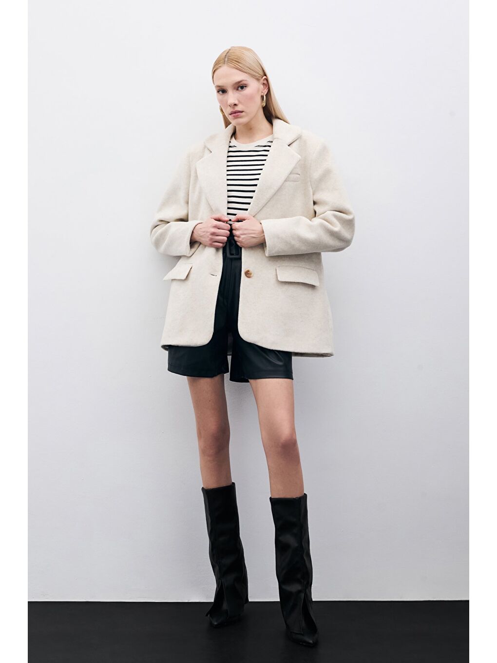 Düğmeli Kaşe Ceket - Bej-2