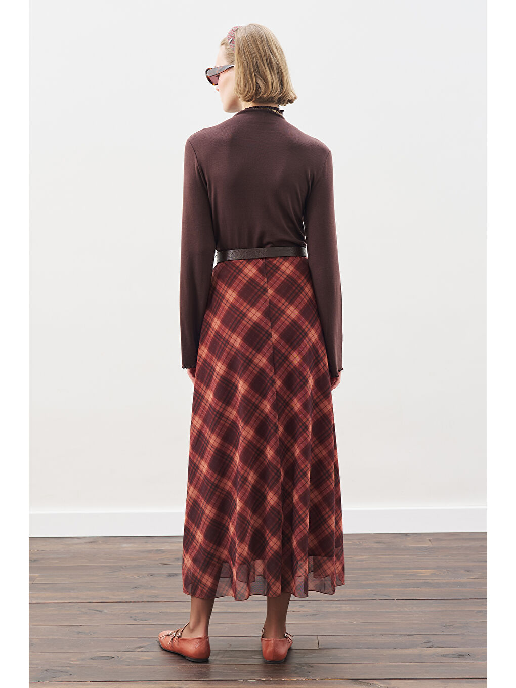 Desenli Tül Etek Kahverengi Ekose-6