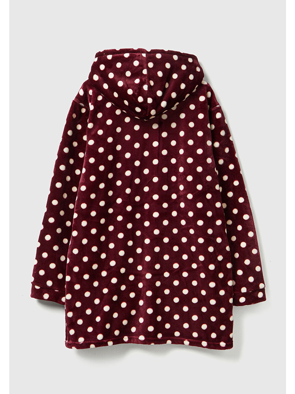 Kadın Bordo Puantiyeli Cepli Kapüşonlu Pelüş Sabahlık-1
