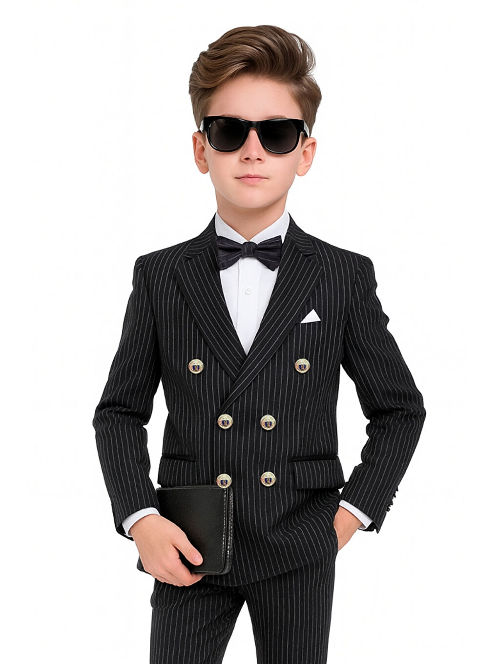 Siyah Erkek Çocuk Düğün & Davet Kruvaze Çizgili Papyonlu Takım Elbise Ak5695-2