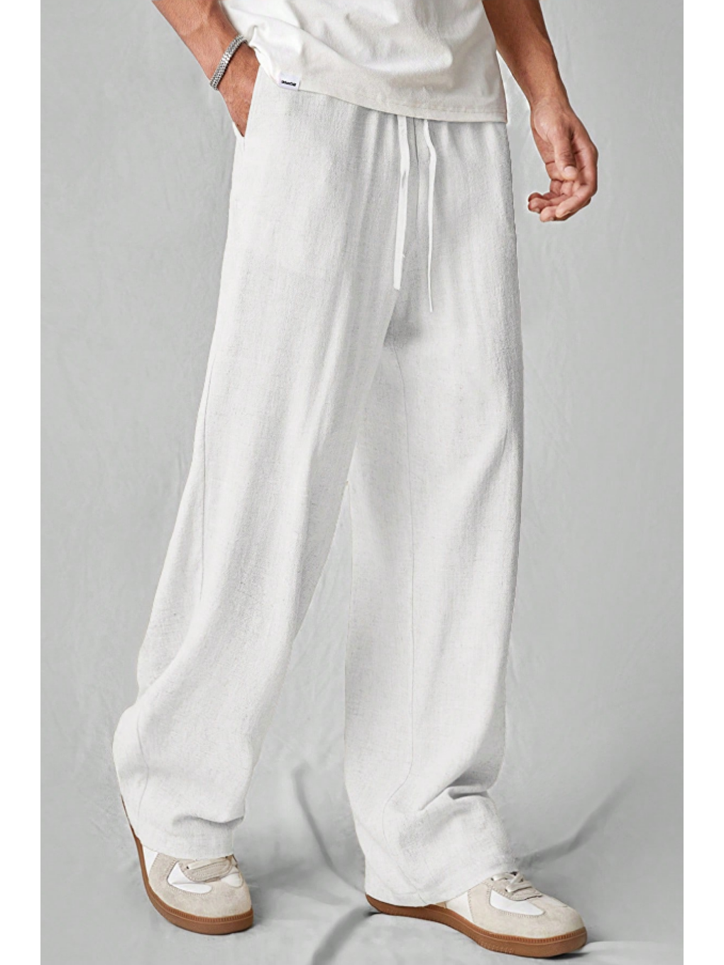 Hafif Ve Rahat Müslin Baggy Erkek %100 Pamuk Pantolon -  Beyaz