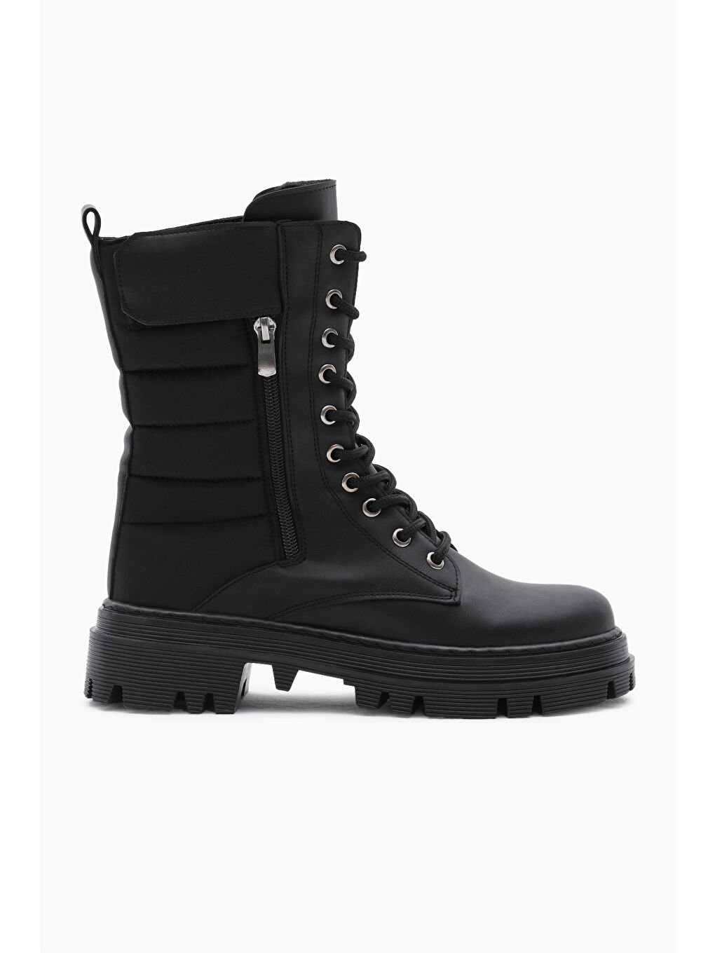 Kadın Siyah Cilt Termo Taban Nakışlı Dilim Desenli Cırtlı Bağcıklı ve Fermuarlı Bot-1