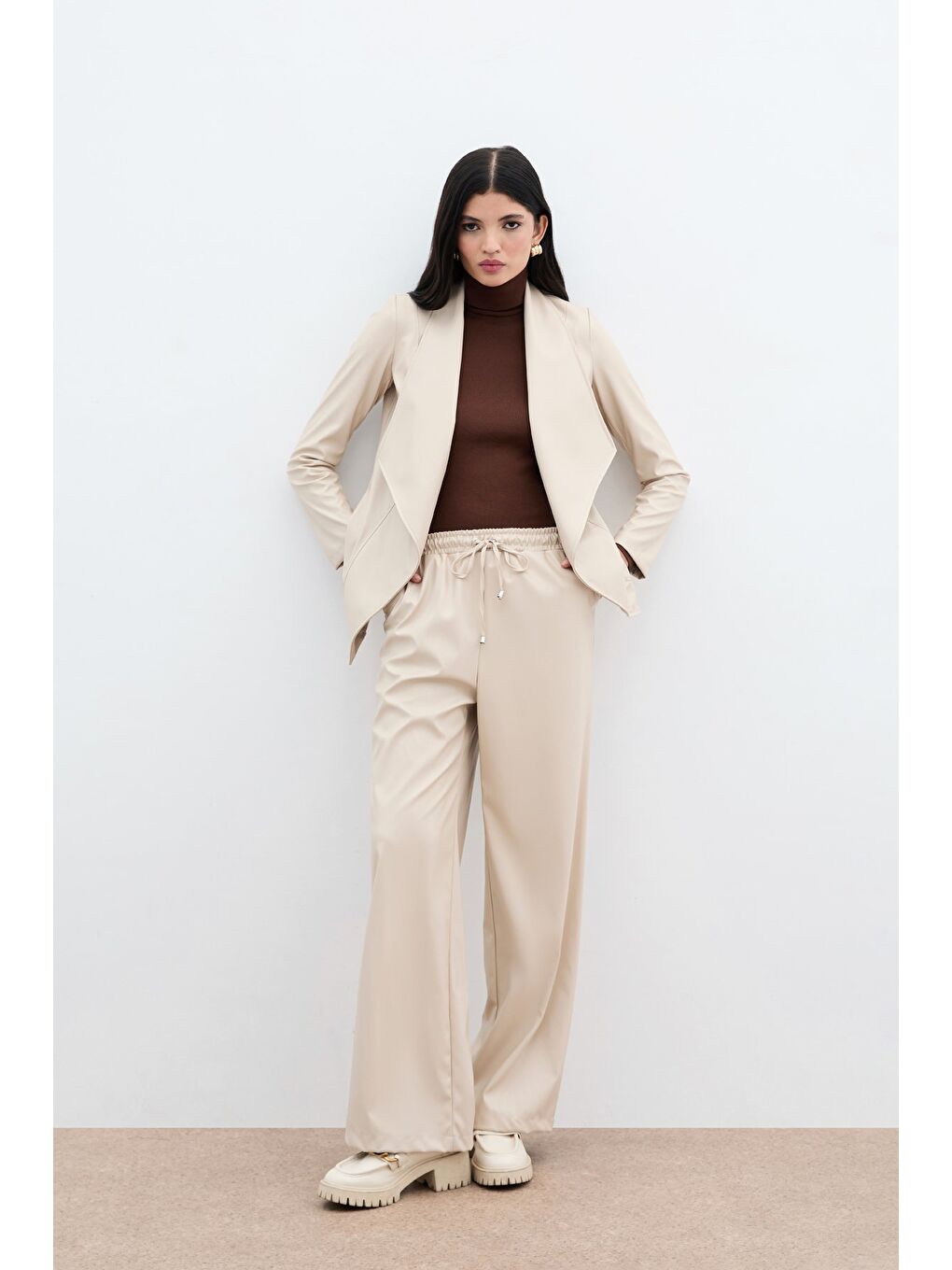 Bej Geniş Yaka Deri Ceket - Taş-1