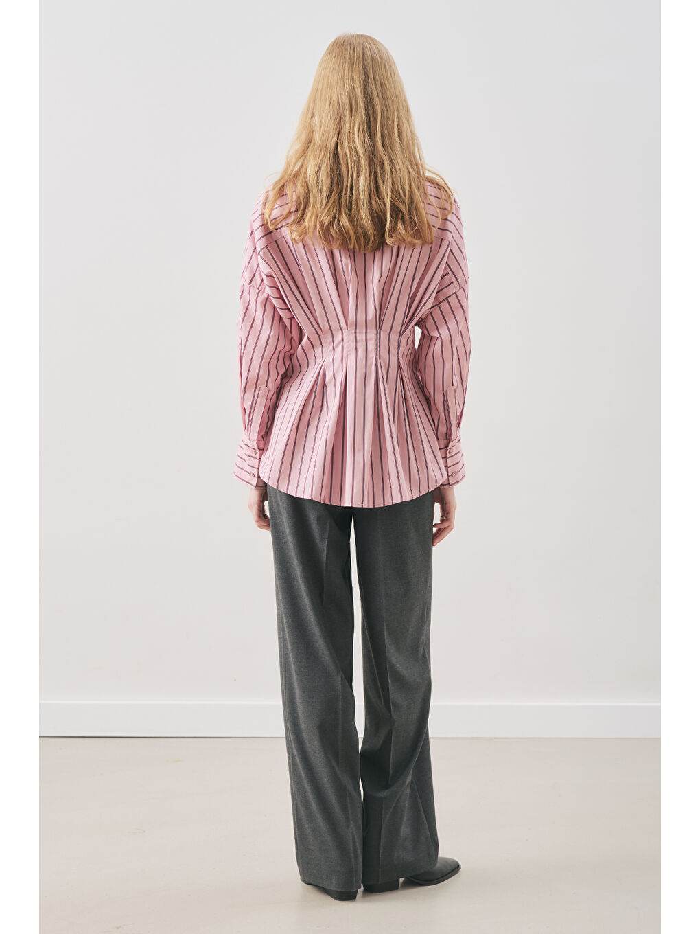 Pile Detaylı Gömlek Pembe Çizgili-5