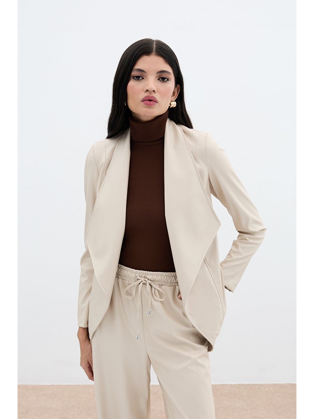 Bej Geniş Yaka Deri Ceket - Taş-2