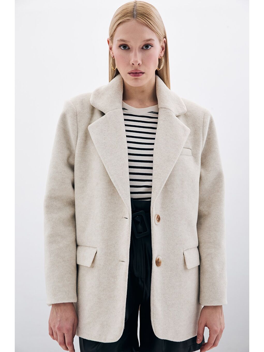 Düğmeli Kaşe Ceket - Bej-7