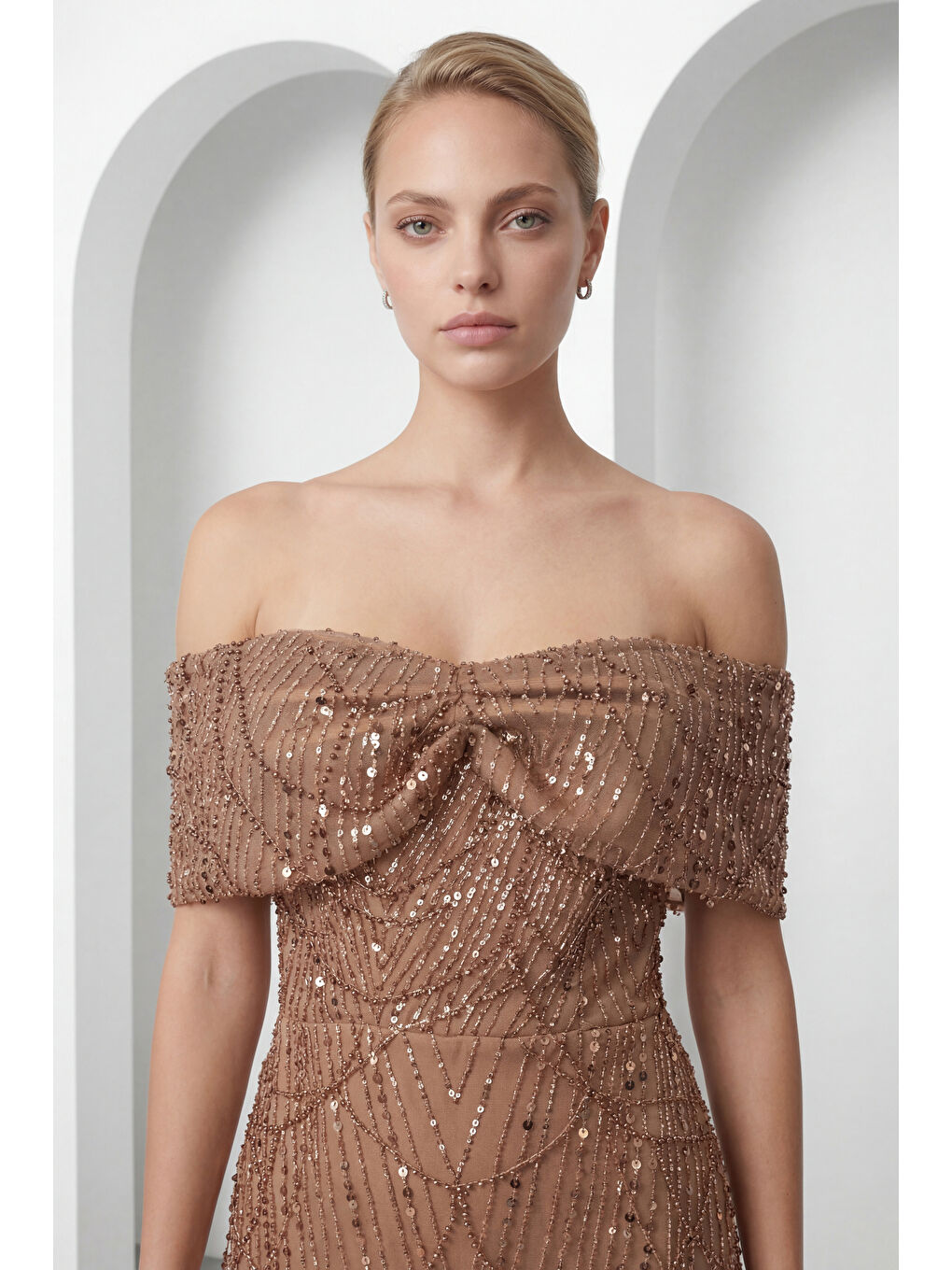 Kahverengi Kadın Taba Kayık Yaka Boncuklu Midi Abiye Elbise-1