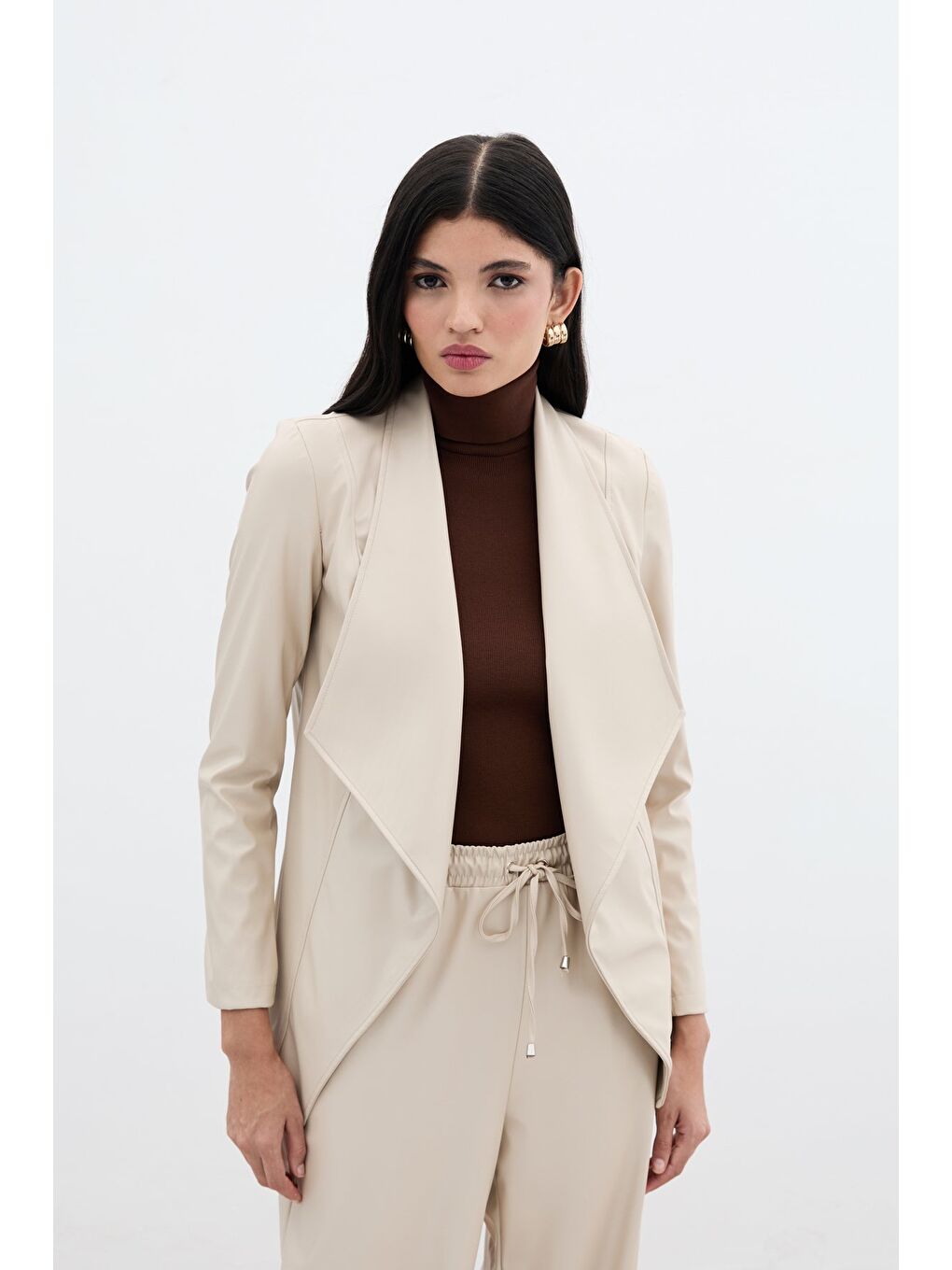 Bej Geniş Yaka Deri Ceket - Taş-3