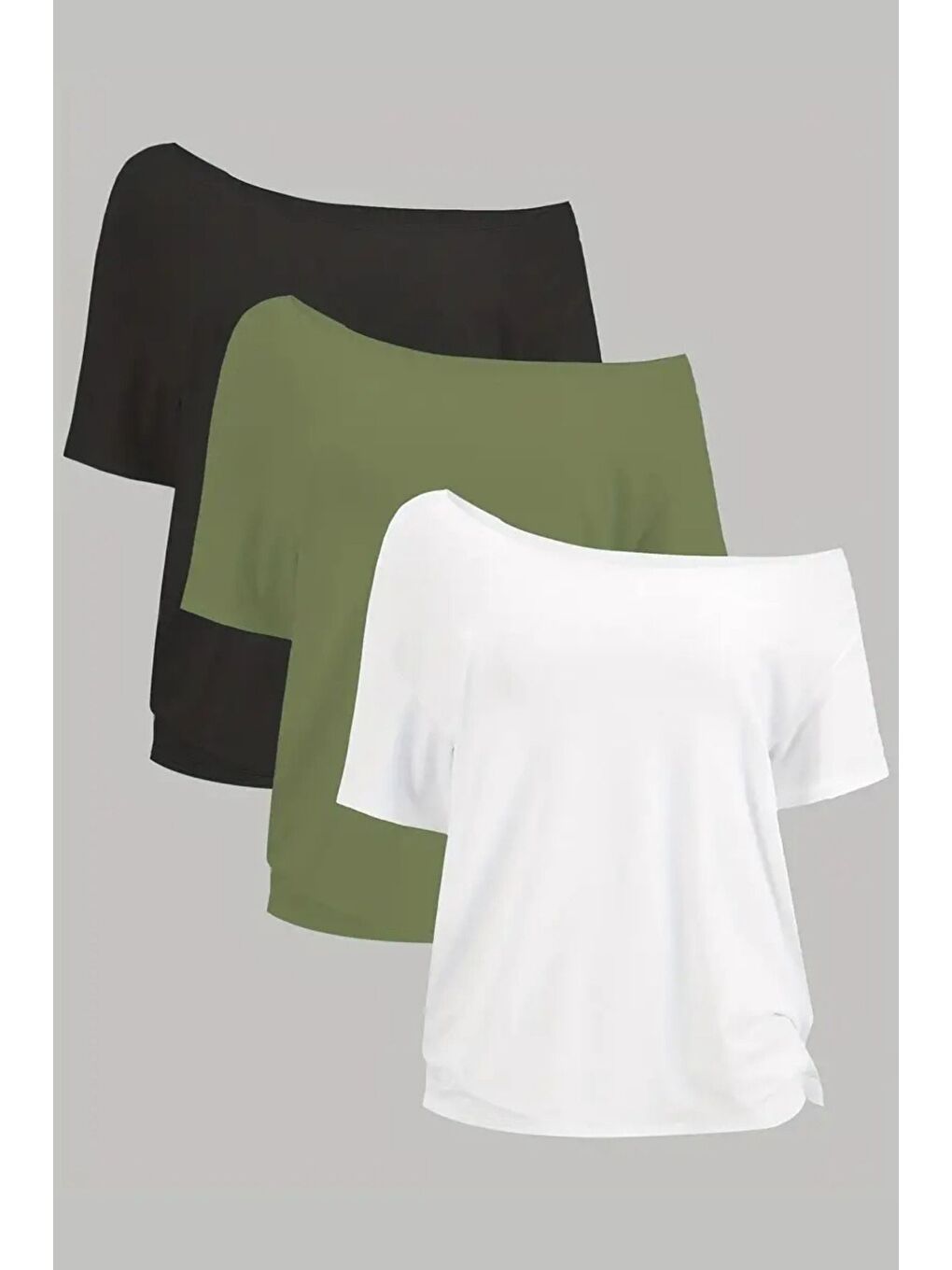Karışık Haki Beyaz Siyah 3lü paket Kadın Düşük Omuz Kayık Yaka Oversize T-Shirt