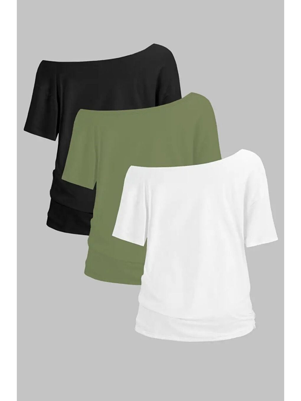 Karışık Haki Beyaz Siyah 3lü paket Kadın Düşük Omuz Kayık Yaka Oversize T-Shirt-1