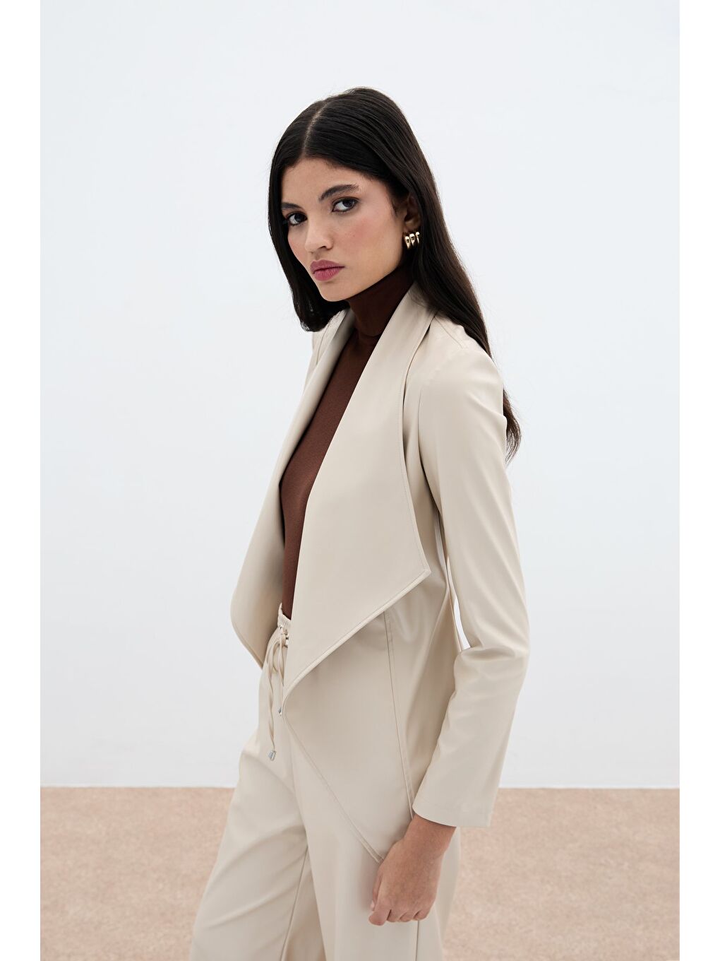 Bej Geniş Yaka Deri Ceket - Taş-4