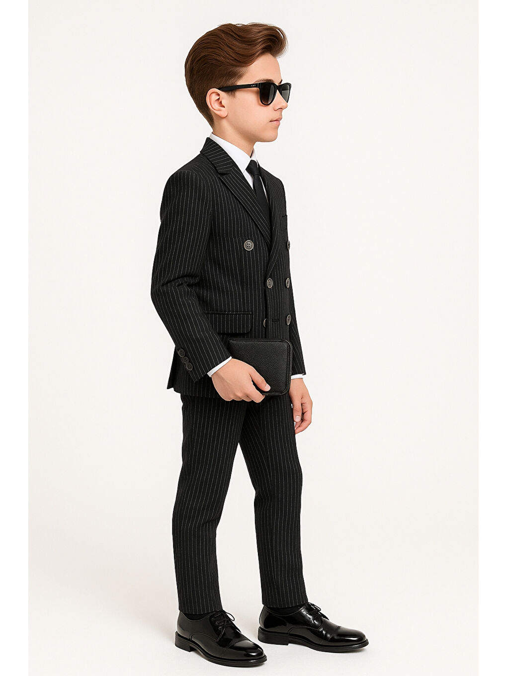 Siyah Erkek Çocuk Düğün & Davet Kruvaze Çizgili Papyonlu Takım Elbise Ak5695-3