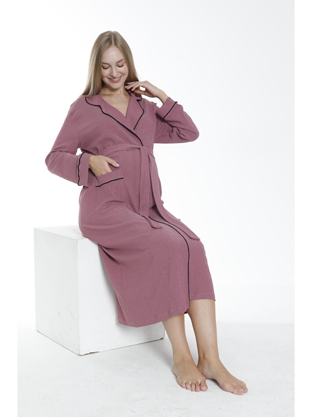 Pembe Gül Kurusu Yaka ve Kol Şerit Detaylı Uzun Hamile ve Lohusa Bürümcük Kumaş Sabahlık-3