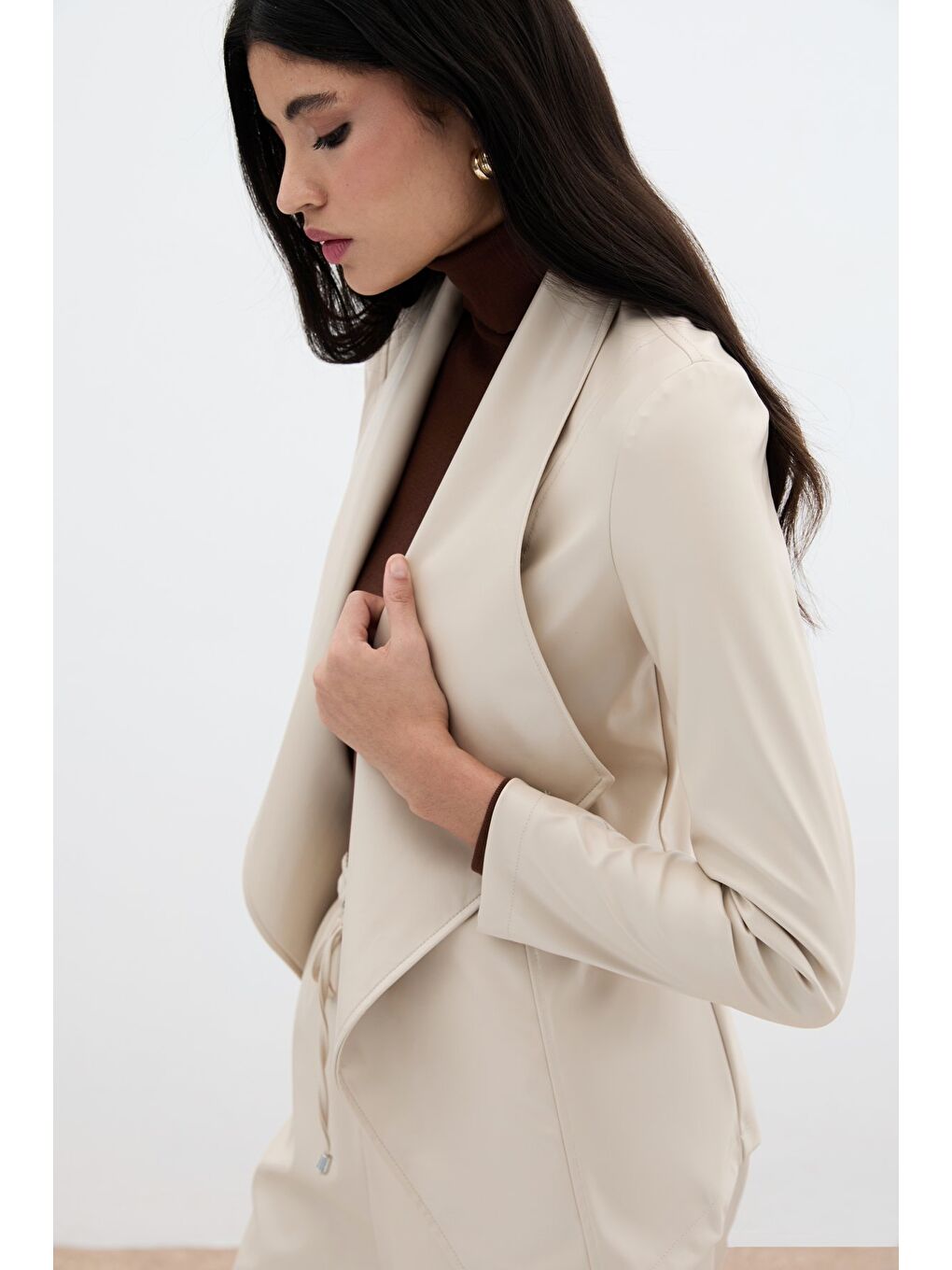 Bej Geniş Yaka Deri Ceket - Taş-5