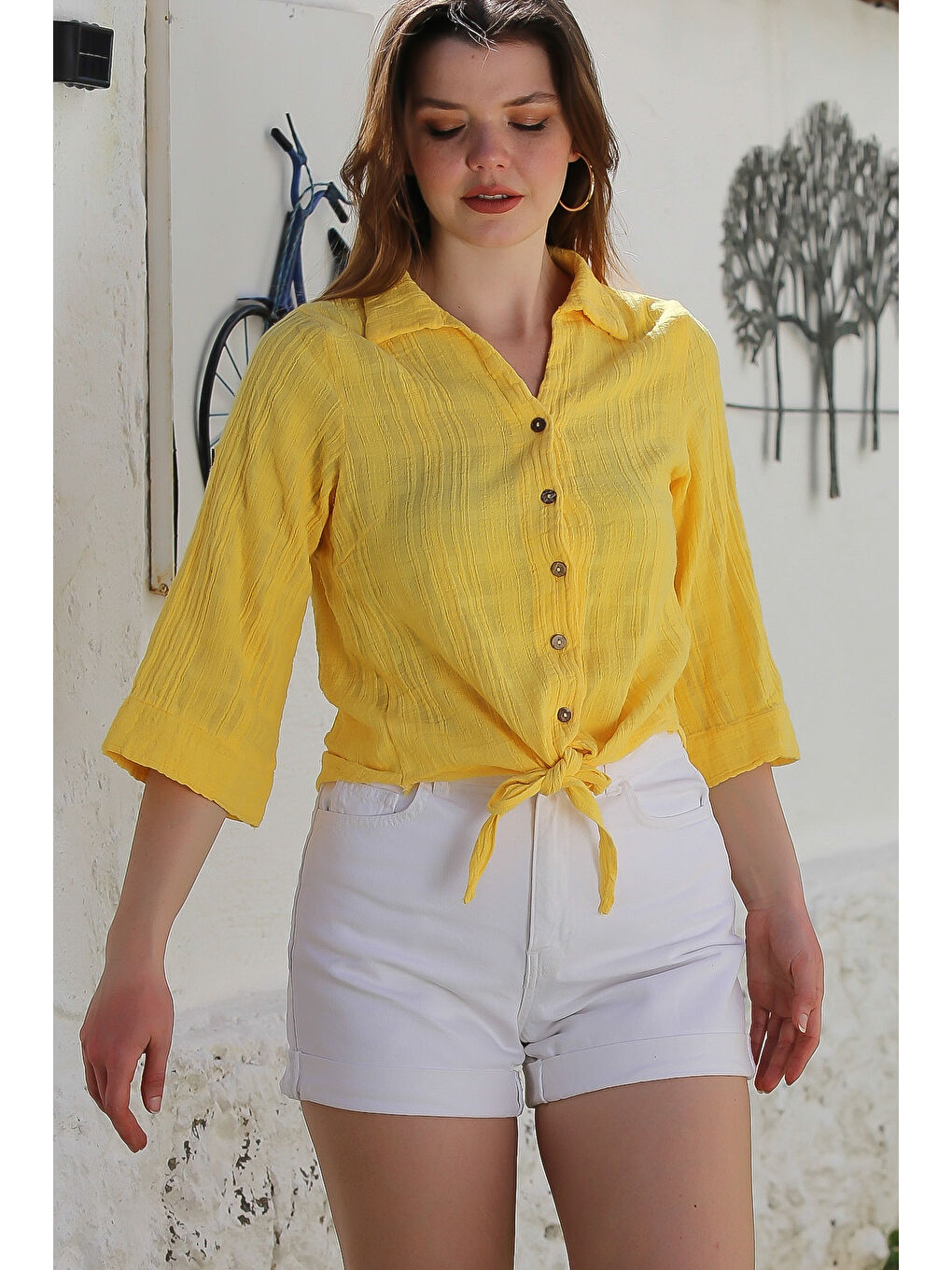 Sarı Gömlek Yaka Düğmeli Uzun Kollu Bağlamalı Yıkamalı Casual Dokuma Gömlek 58 51