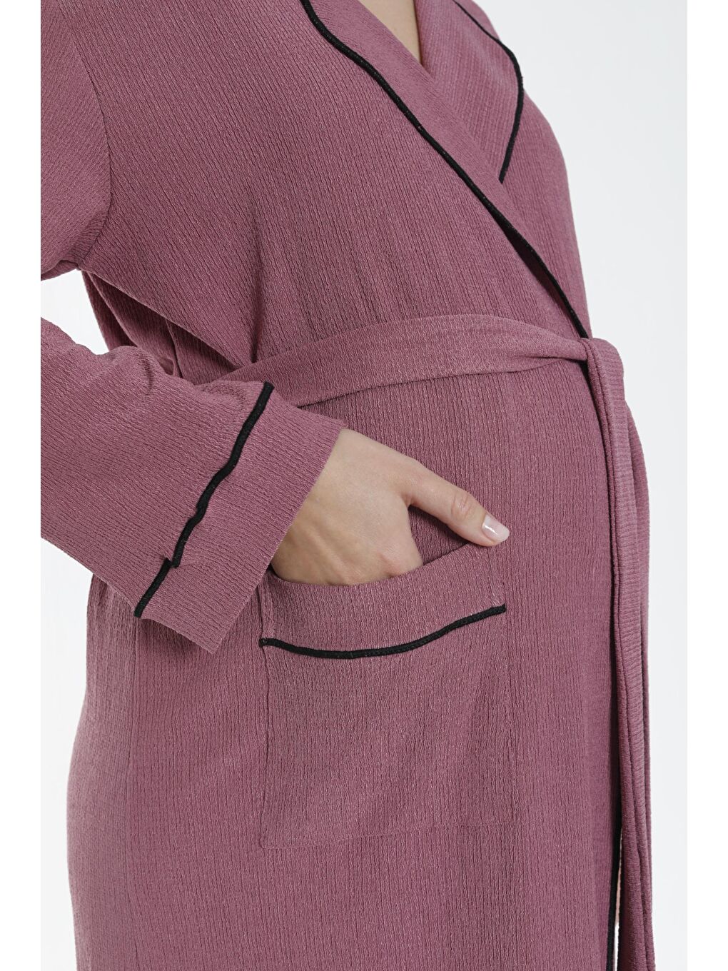 Pembe Gül Kurusu Yaka ve Kol Şerit Detaylı Uzun Hamile ve Lohusa Bürümcük Kumaş Sabahlık-5