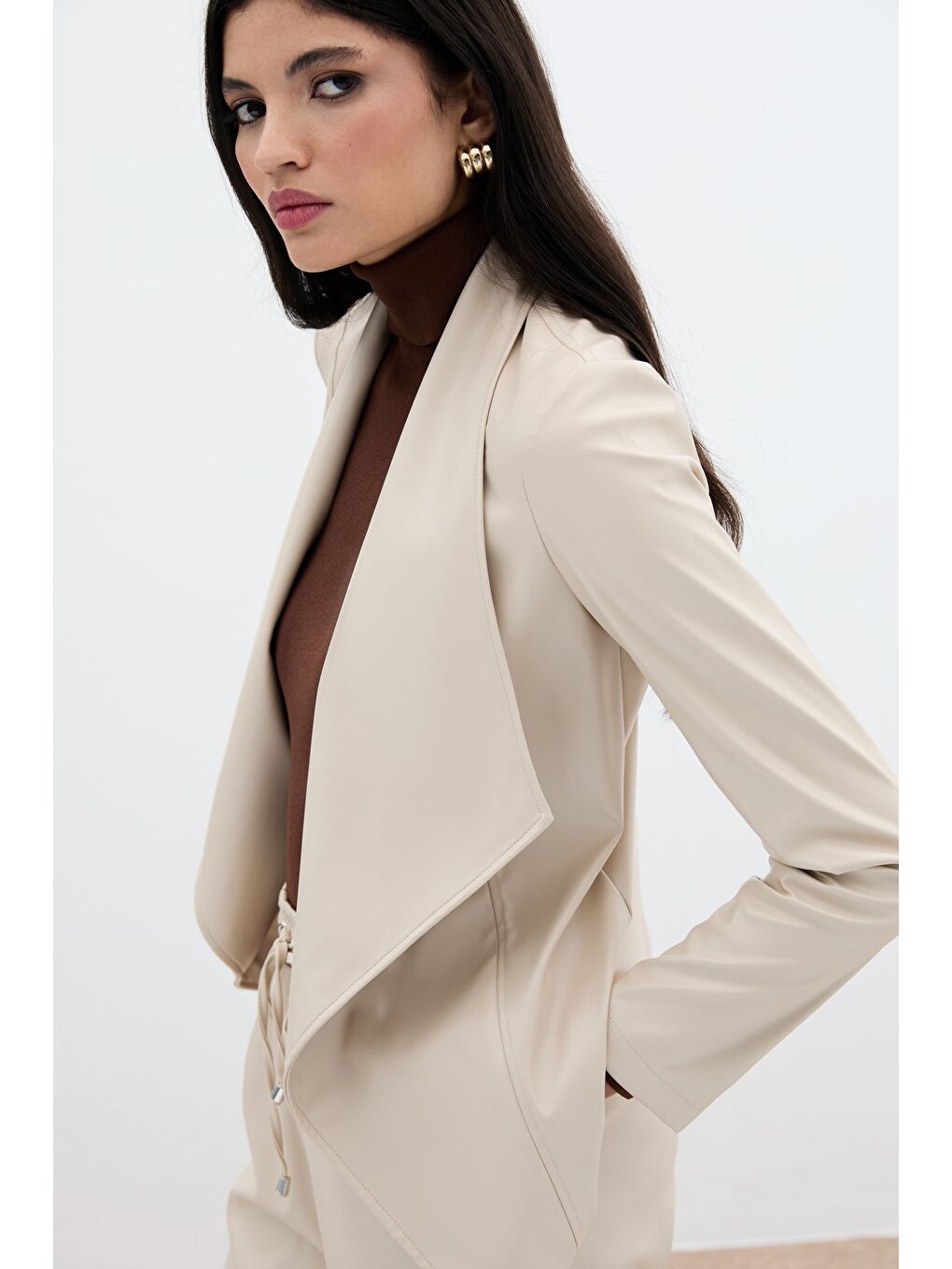 Bej Geniş Yaka Deri Ceket - Taş-6