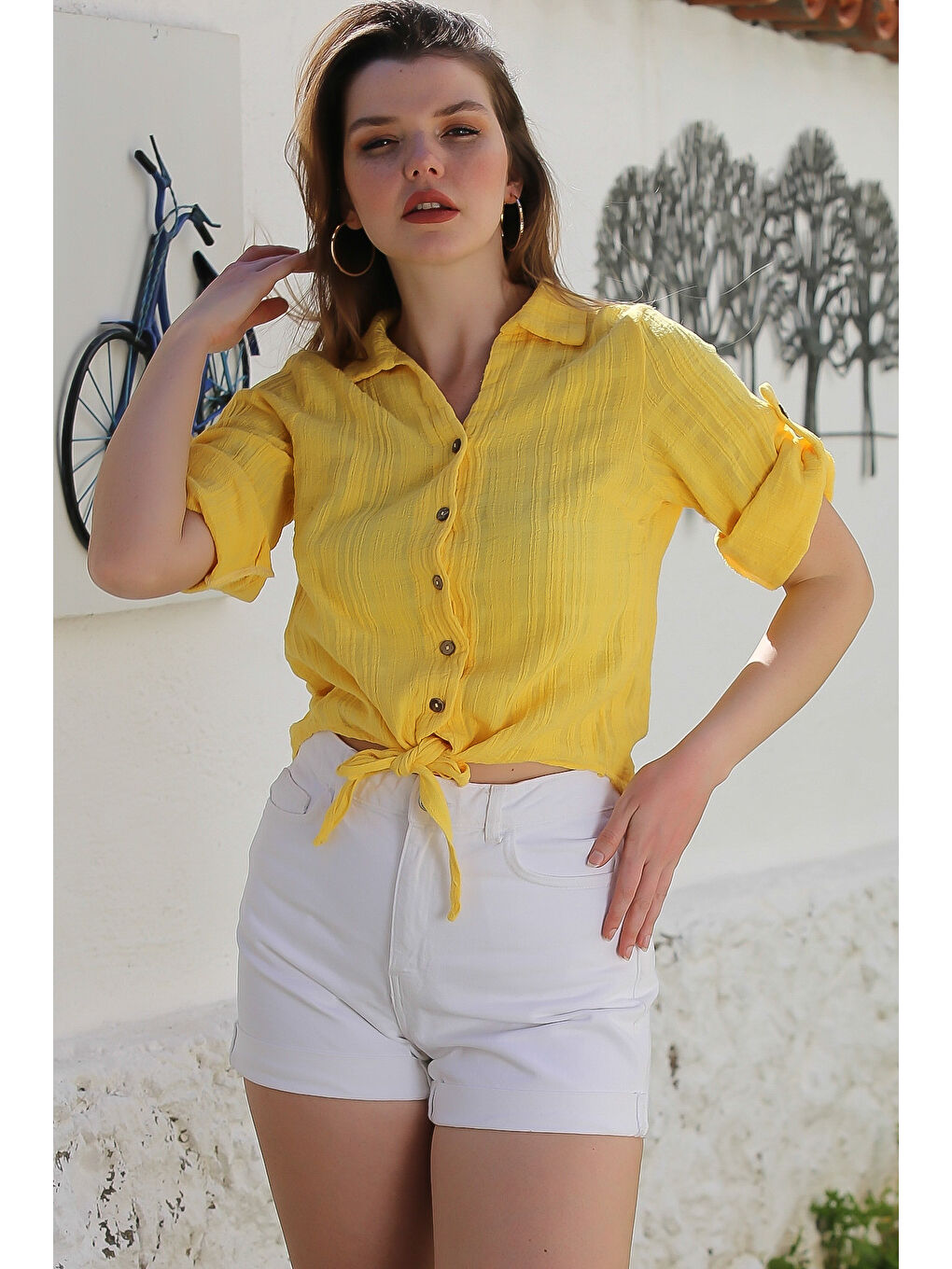 Sarı Gömlek Yaka Düğmeli Uzun Kollu Bağlamalı Yıkamalı Casual Dokuma Gömlek 58 51-2