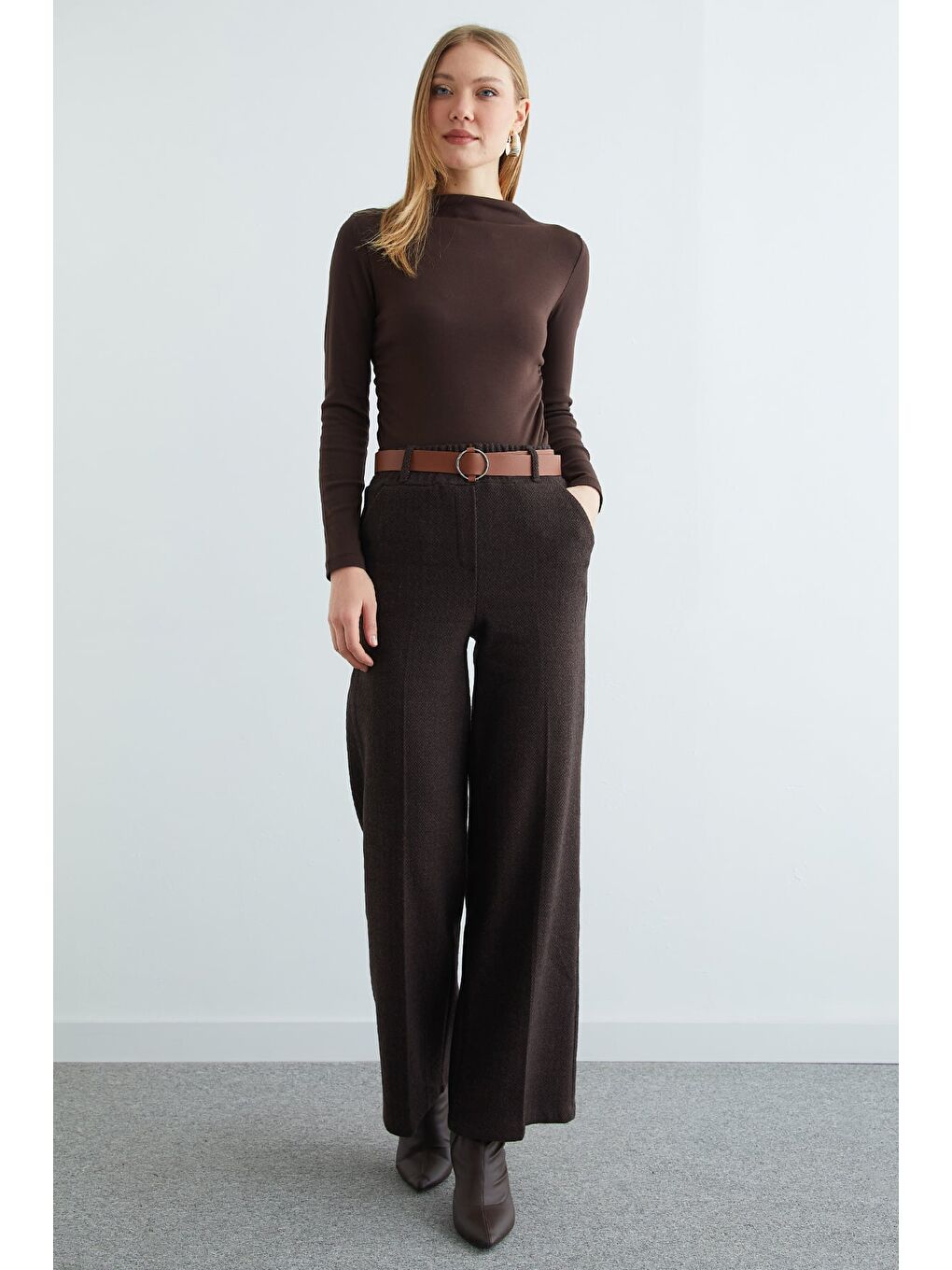 Kahverengi Kemerli Balıksırtı Palazzo Pantolon-2