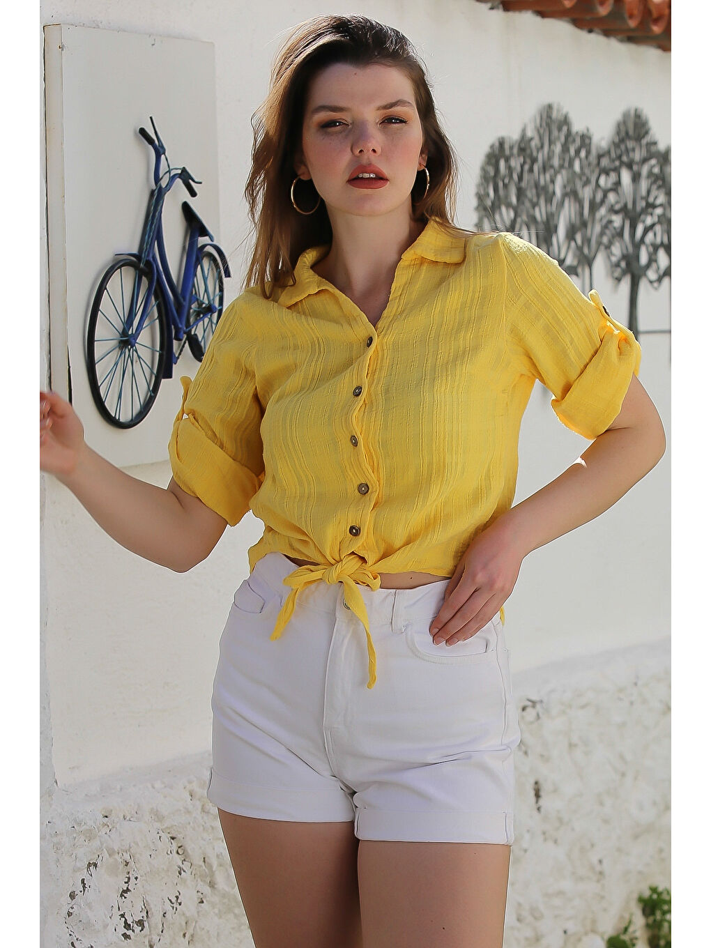 Sarı Gömlek Yaka Düğmeli Uzun Kollu Bağlamalı Yıkamalı Casual Dokuma Gömlek 58 51-3