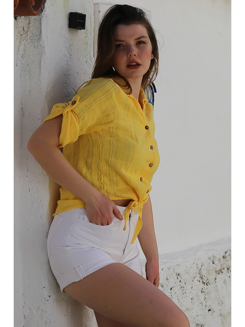 Sarı Gömlek Yaka Düğmeli Uzun Kollu Bağlamalı Yıkamalı Casual Dokuma Gömlek 58 51-4