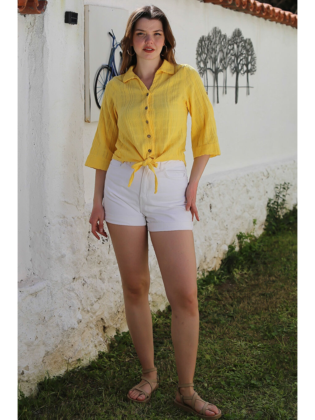 Sarı Gömlek Yaka Düğmeli Uzun Kollu Bağlamalı Yıkamalı Casual Dokuma Gömlek 58 51-5