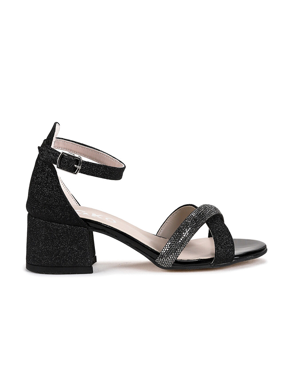 Siyah Tanda Kum Simli Kız Çocuk 4 Cm Topuklu Sandalet Abiye Ayakkabı-1