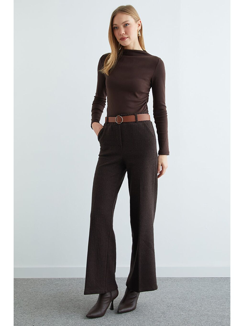 Kahverengi Kemerli Balıksırtı Palazzo Pantolon-3