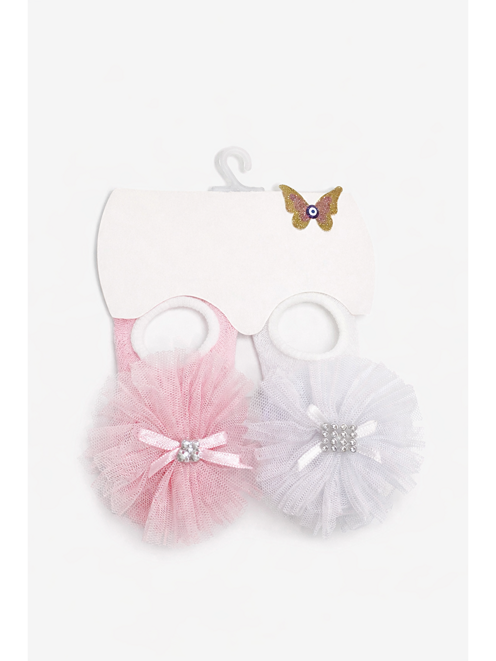 Kız Bebek 2li Babet Çorap Seti Taşlı Pembe-Beyaz 2 Renk 0-6 ay  2 Çift