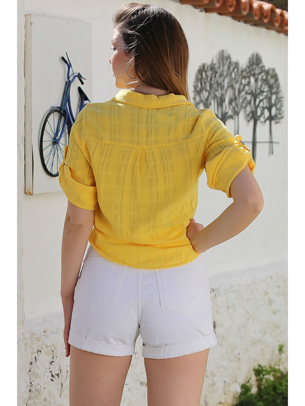 Sarı Gömlek Yaka Düğmeli Uzun Kollu Bağlamalı Yıkamalı Casual Dokuma Gömlek 58 51-6