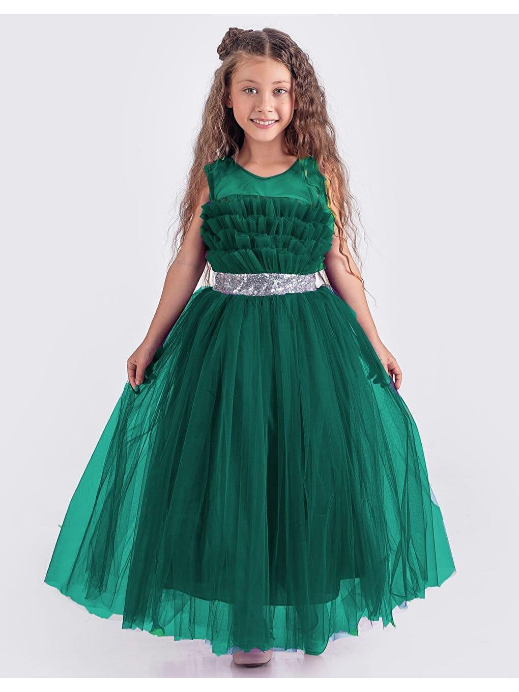 Yeşil Sapes Model Sırt Gipeli Tüllü Kız Çocuk Askılı Saten Abiye MNK0618-7
