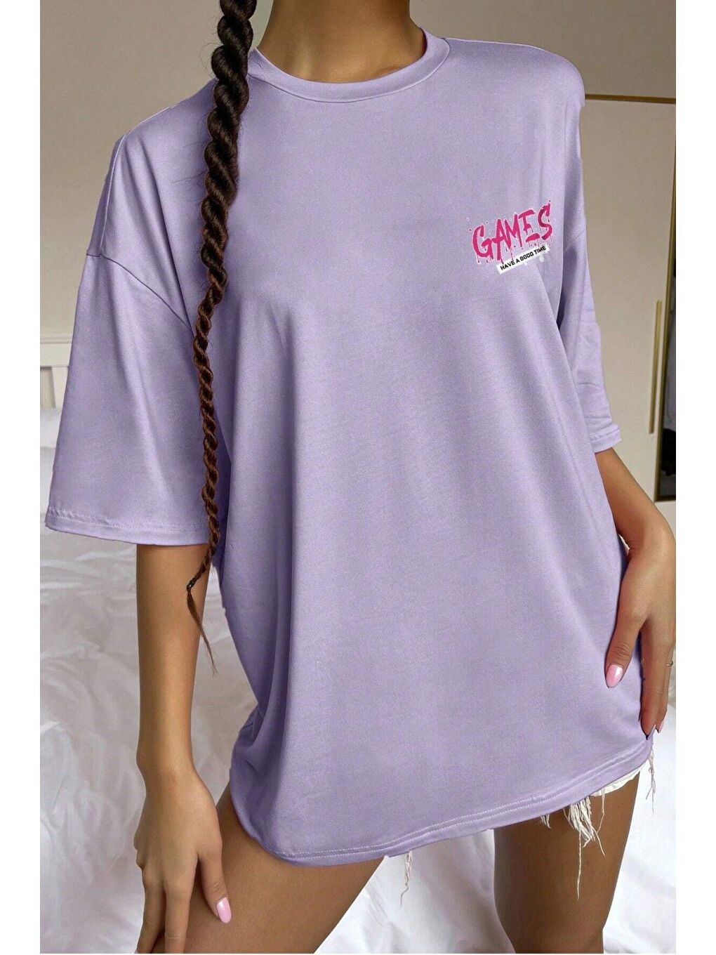 Lila Kadın LİLA Bisiklet Yaka Games Baskılı Oversize T Shirt-1