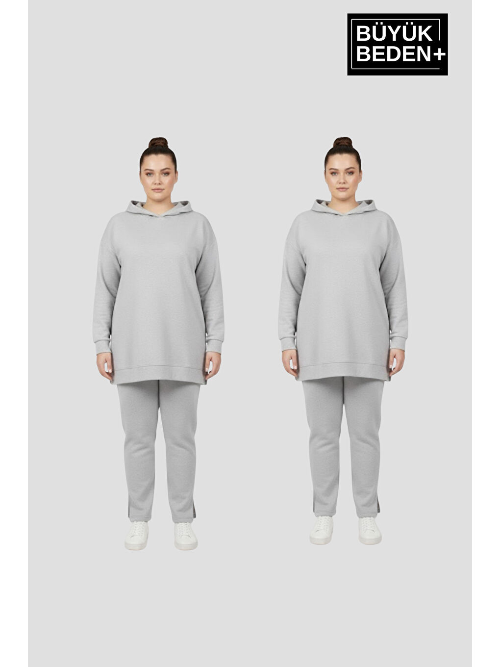Gri Kadın Büyük Beden 2 'li Set Kapüşonlu Tunik ince Sweatshırt SPR26BTK991+2