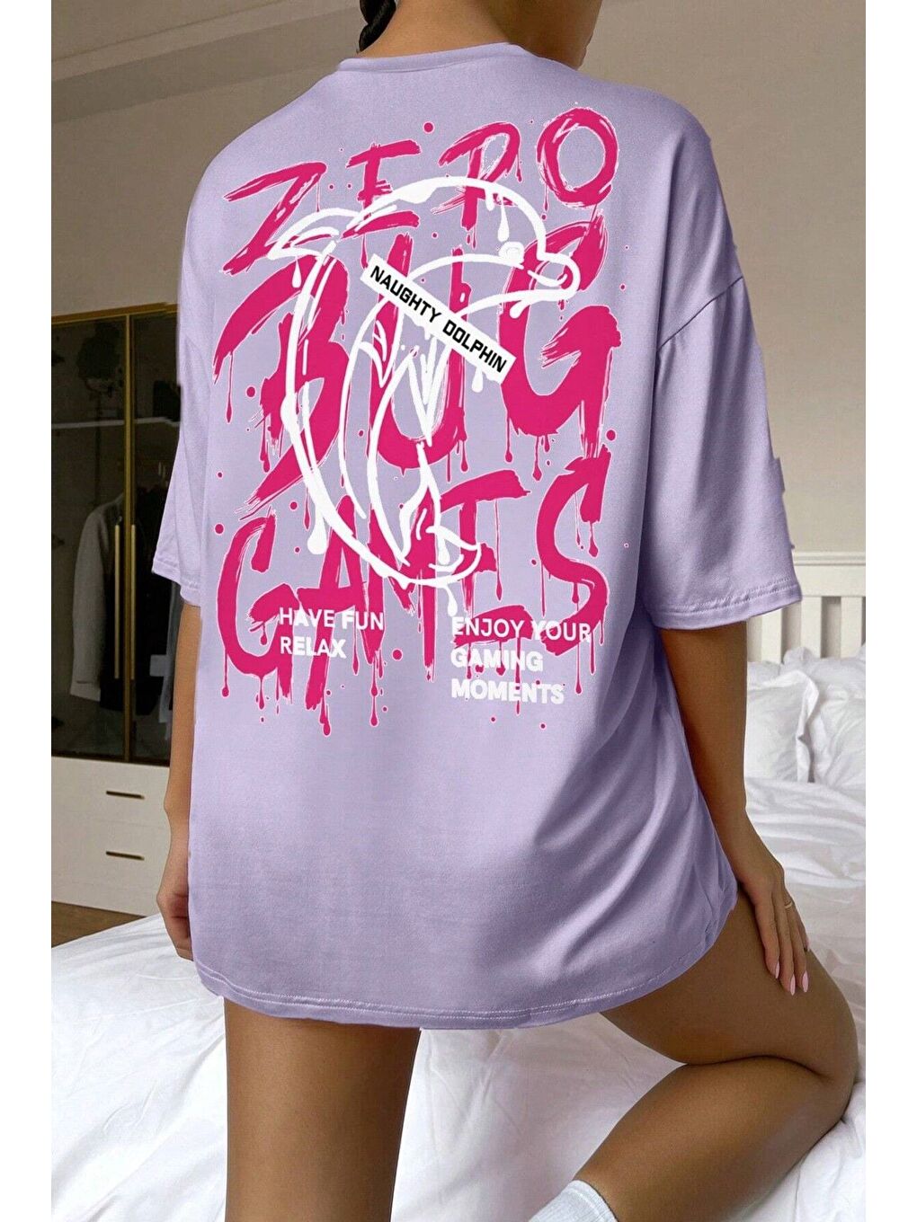 Lila Kadın LİLA Bisiklet Yaka Games Baskılı Oversize T Shirt-2