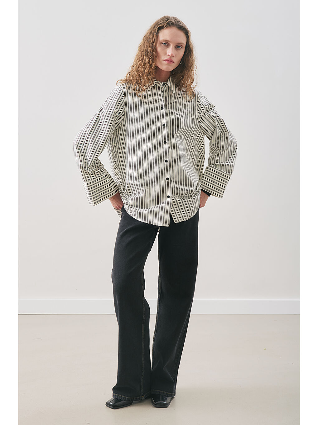 Oversıze Çizgili Gömlek Siyah Çizgi-1