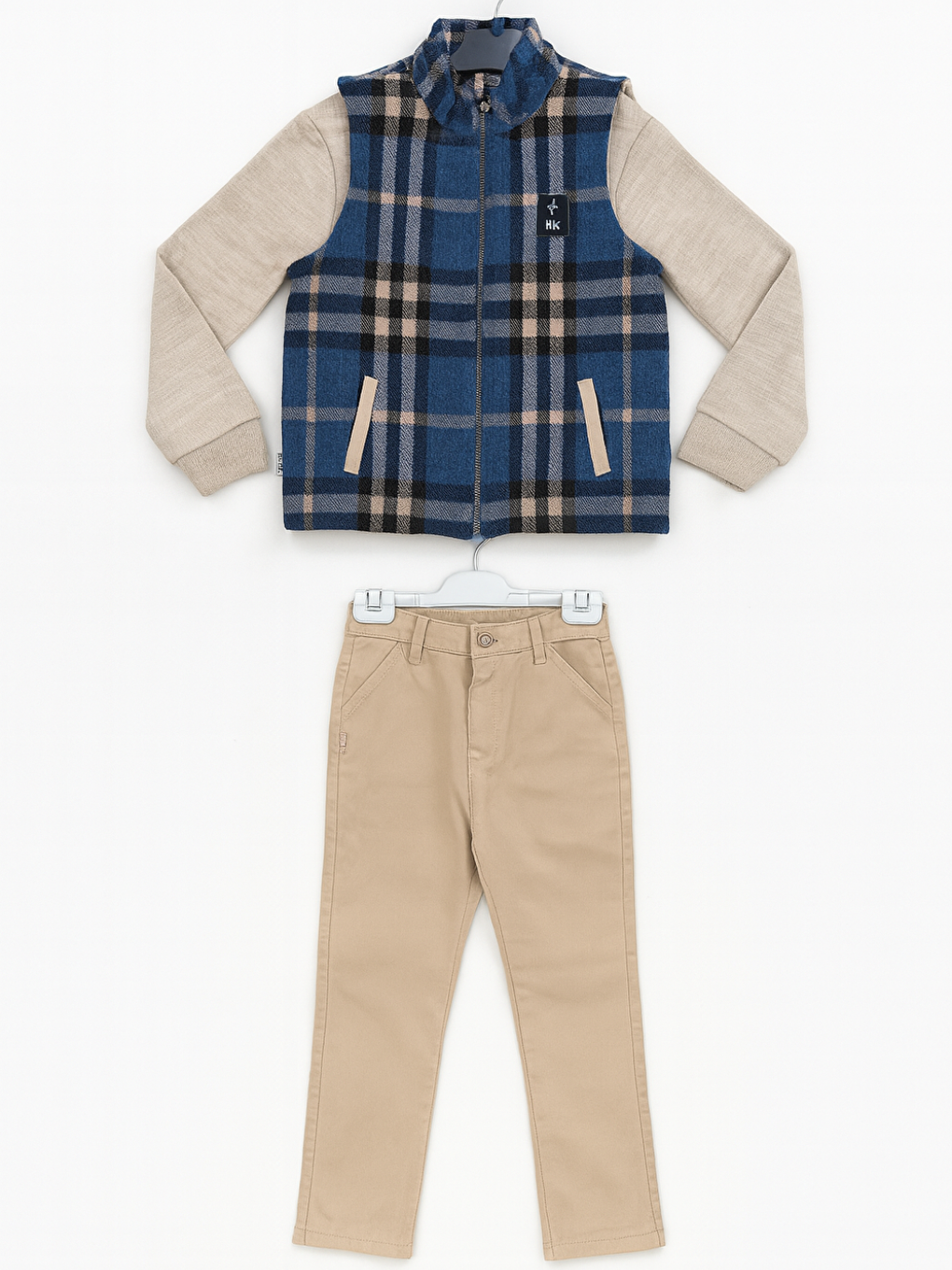 Bej 3'lü Takım Yelek & Pantolon & Sweat Erkek Çocuk Takım Mavi-1