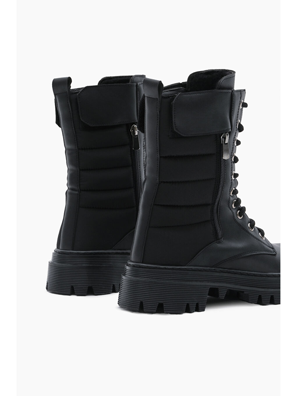 Kadın Siyah Cilt Termo Taban Nakışlı Dilim Desenli Cırtlı Bağcıklı ve Fermuarlı Bot-4