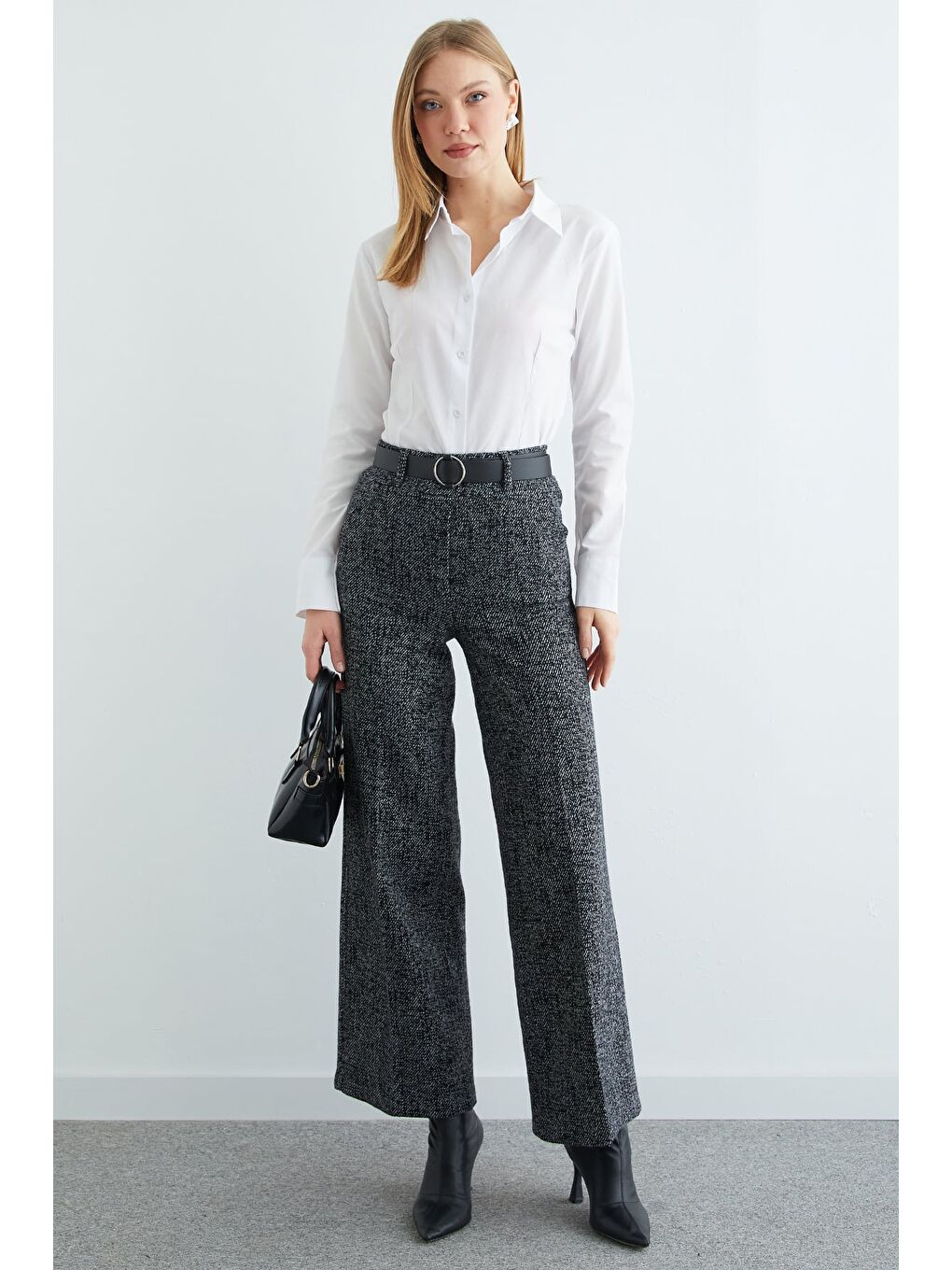 Antrasit Kemerli Balıksırtı Palazzo Pantolon-2