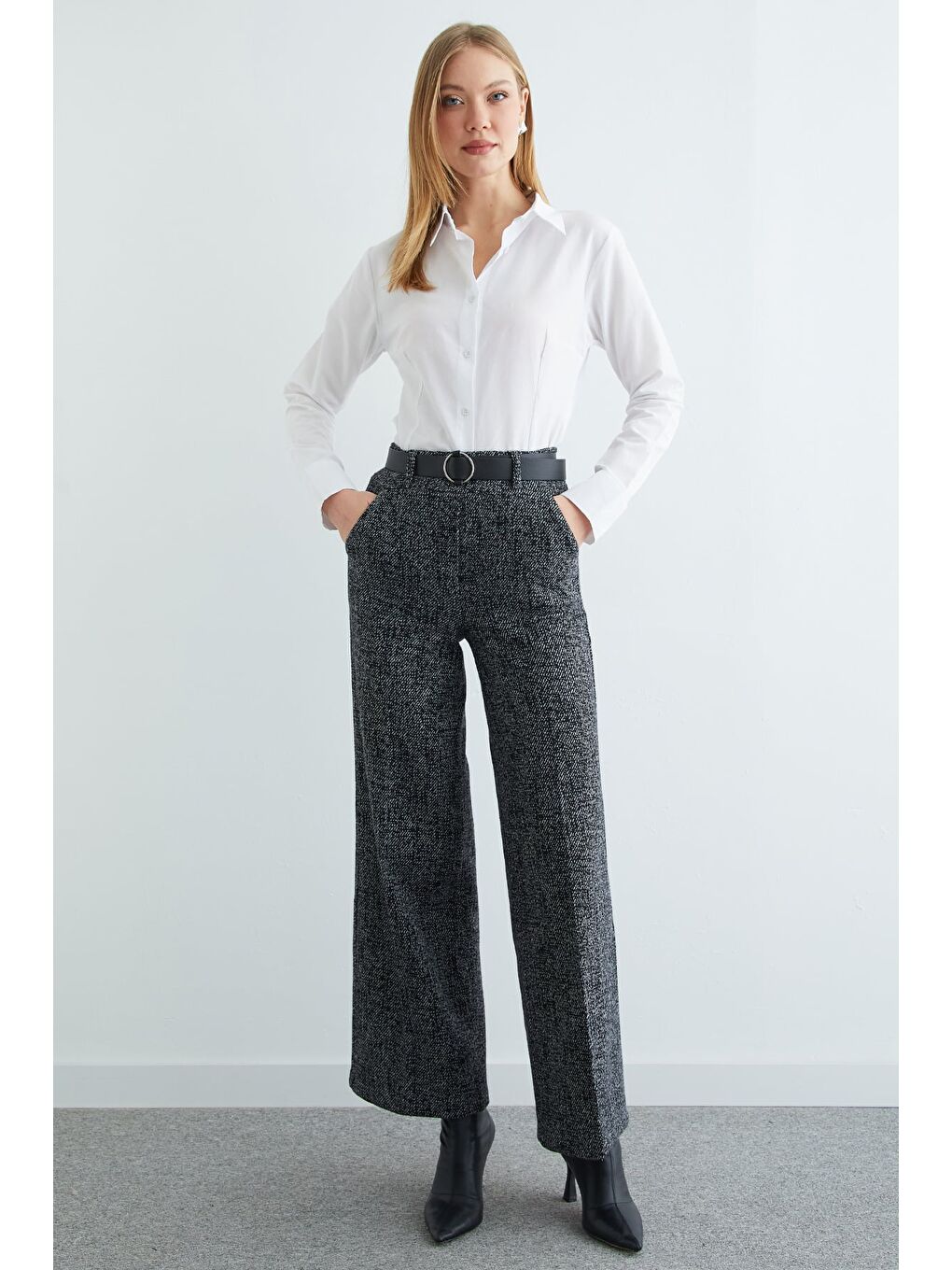 Antrasit Kemerli Balıksırtı Palazzo Pantolon-3