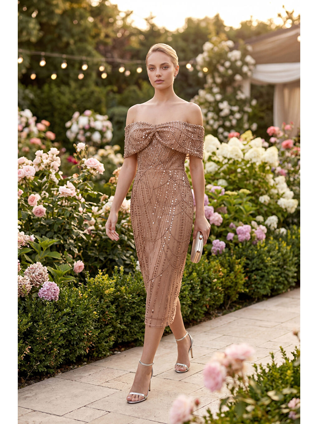 Kahverengi Kadın Taba Kayık Yaka Boncuklu Midi Abiye Elbise-3