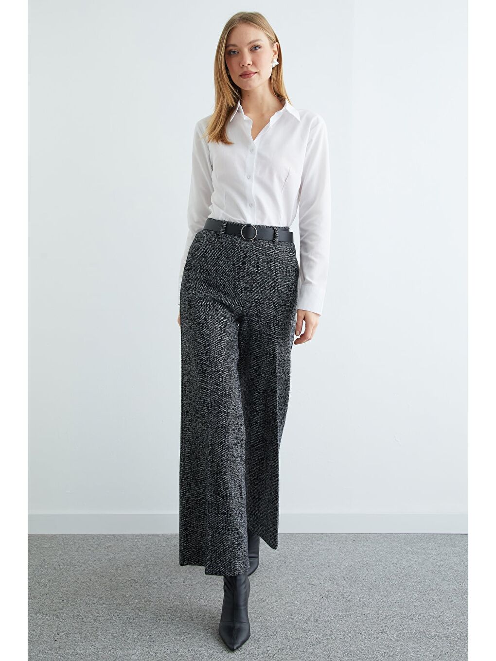 Antrasit Kemerli Balıksırtı Palazzo Pantolon-4