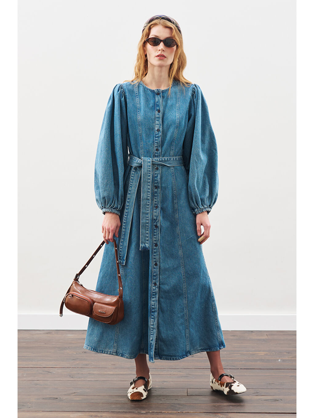 Geniş Kollu Denim Elbise Mavi