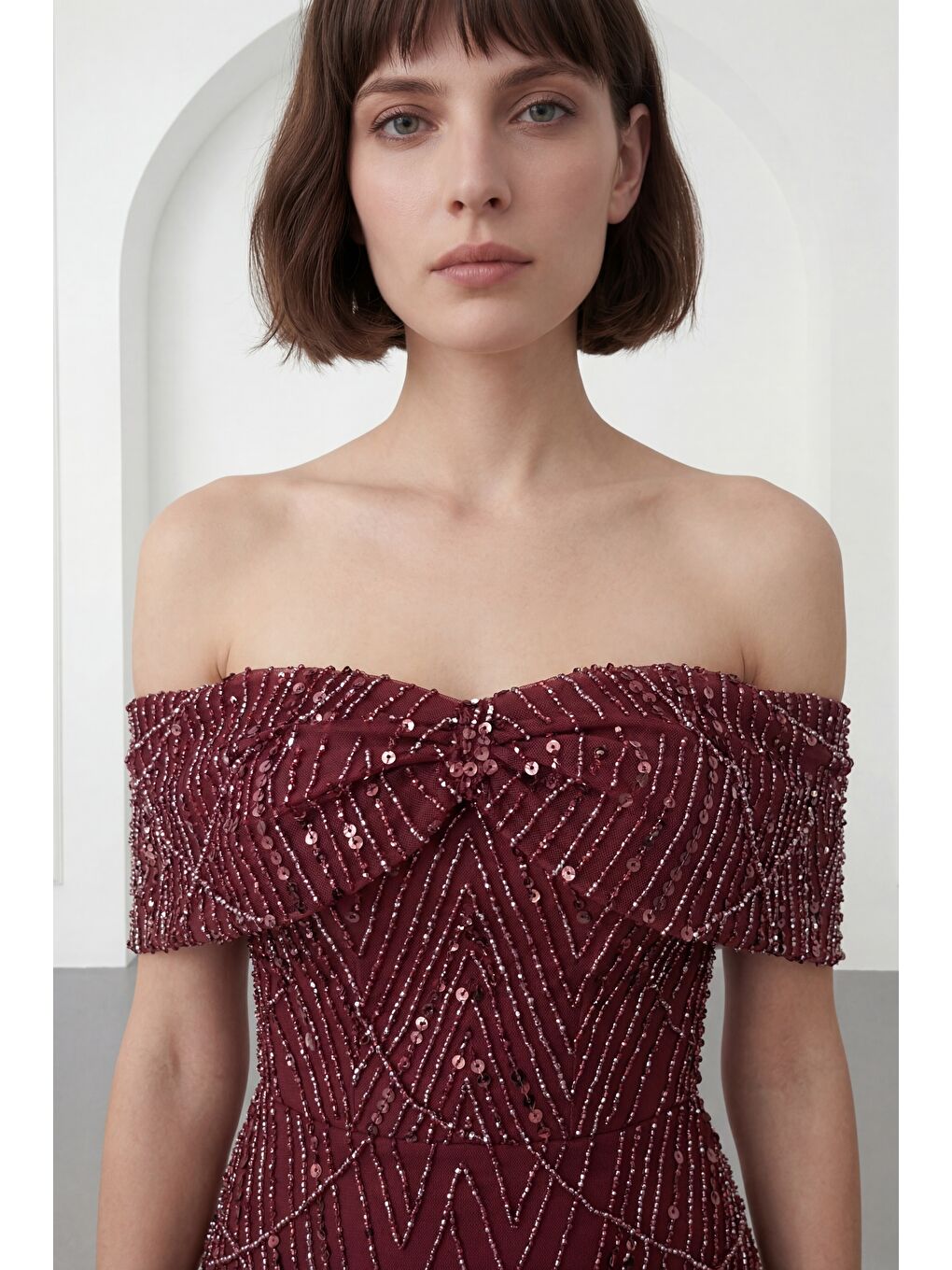 Kadın Bordo Kayık Yaka Boncuklu Midi Abiye Elbise-1