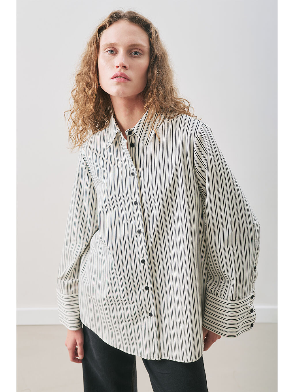 Oversıze Çizgili Gömlek Siyah Çizgi-3
