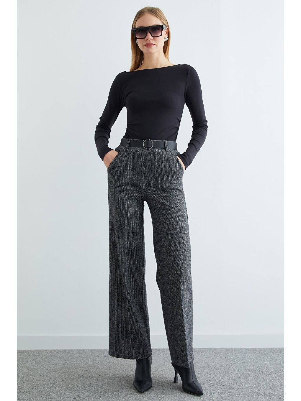 Gri Kemerli Balıksırtı Palazzo Pantolon