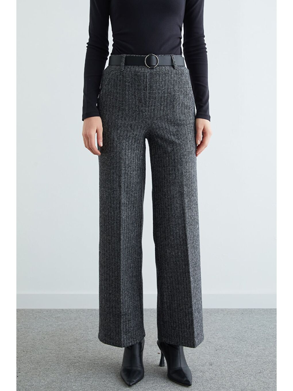 Gri Kemerli Balıksırtı Palazzo Pantolon-1