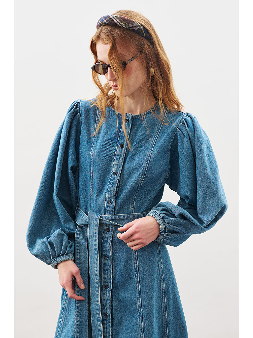 Geniş Kollu Denim Elbise Mavi-3