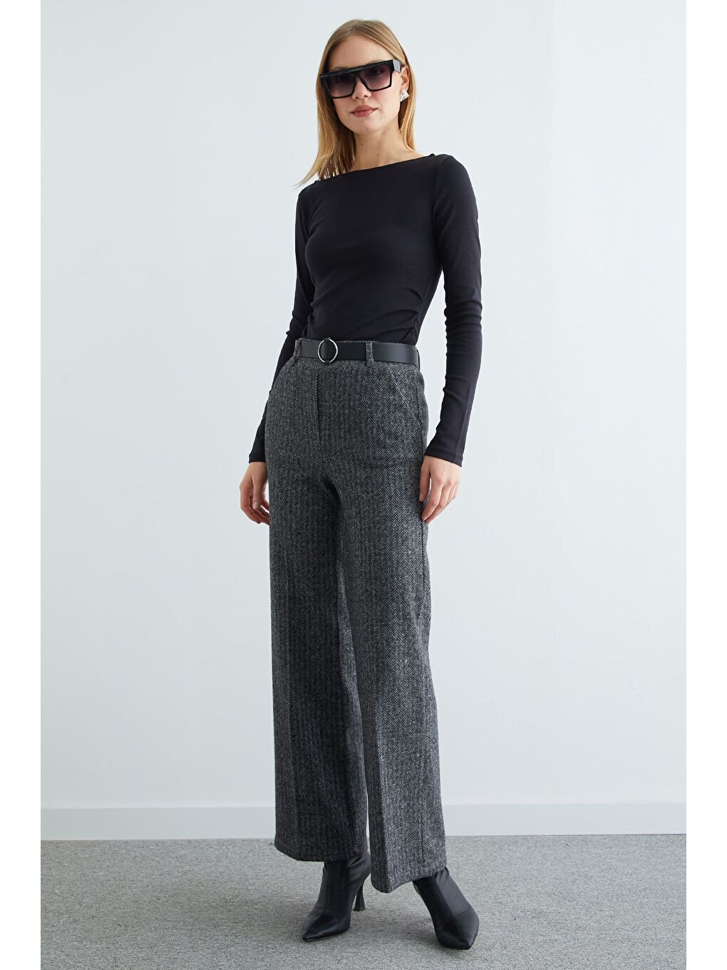 Gri Kemerli Balıksırtı Palazzo Pantolon-2