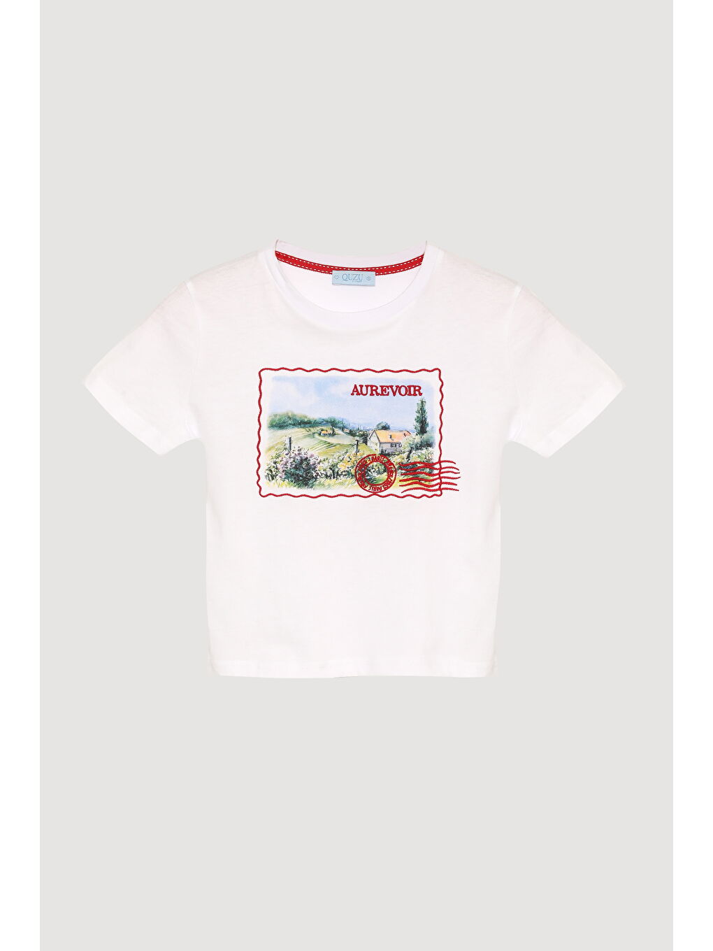 Kartpostal Baskılı Crop Tişört Beyaz