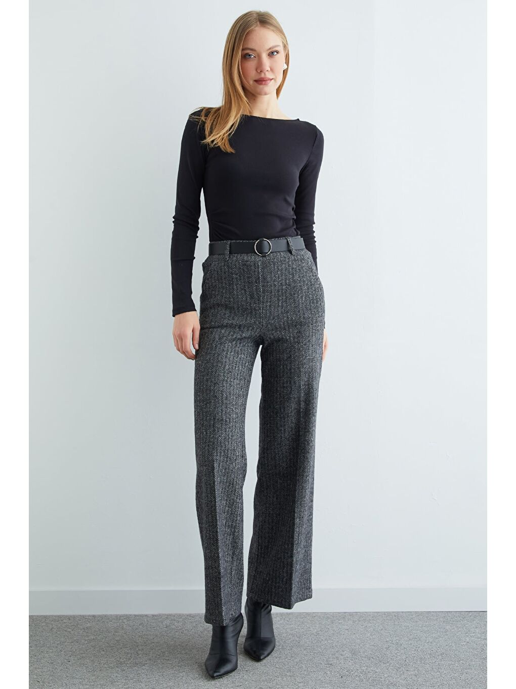 Gri Kemerli Balıksırtı Palazzo Pantolon-3